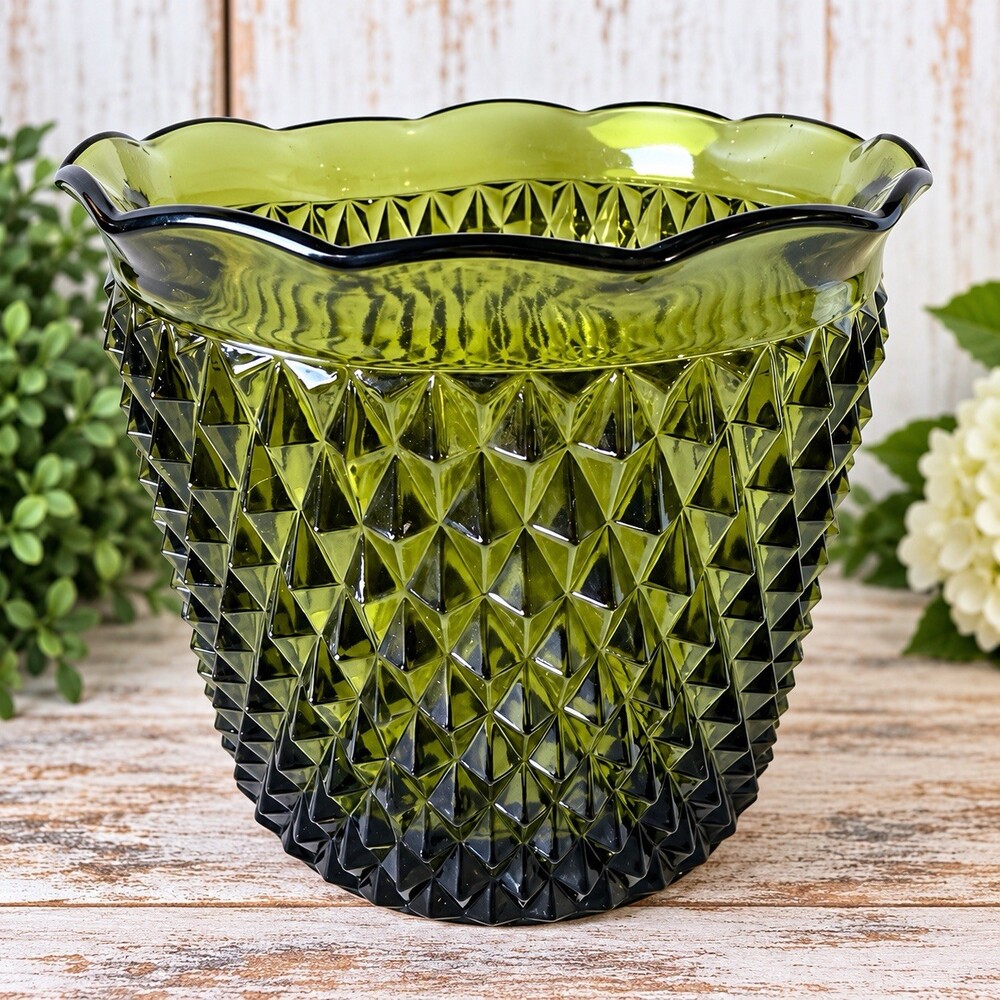 Vintage Indiana Glass Diamond Point Olive Green Vase Planter Scalloped Rim 7”